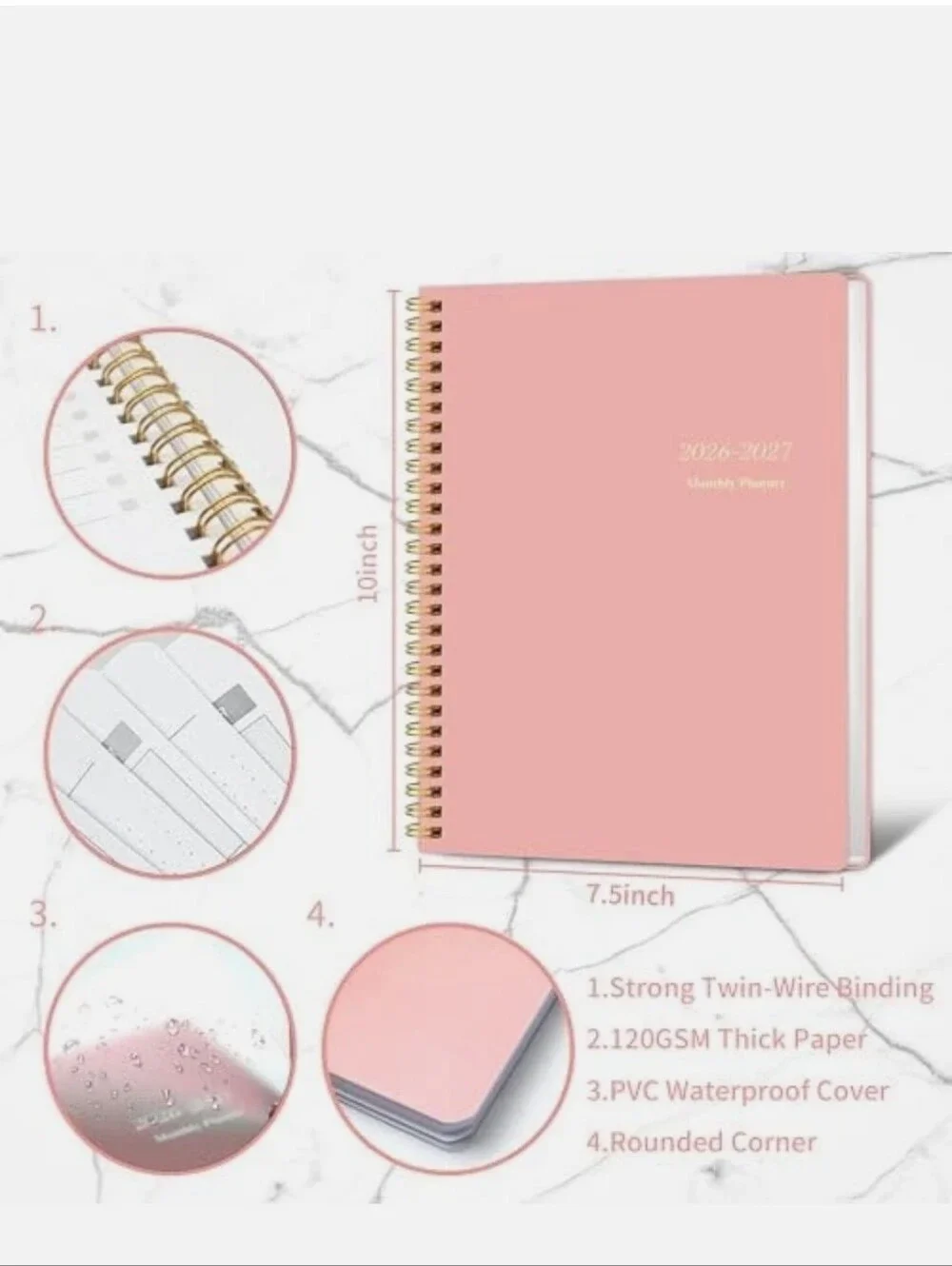 Monthly Planner 2026-2027, Jan 2026 - Dec 2027, 2 Year Calendar 2026-2027 Pink
